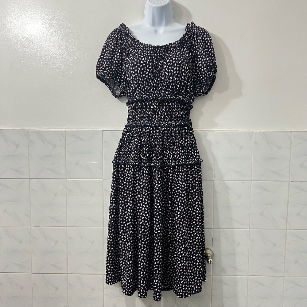 Time And Tru Women’s XS Smocked Navy Floral Midi Dress Romantic Prairie Cottage